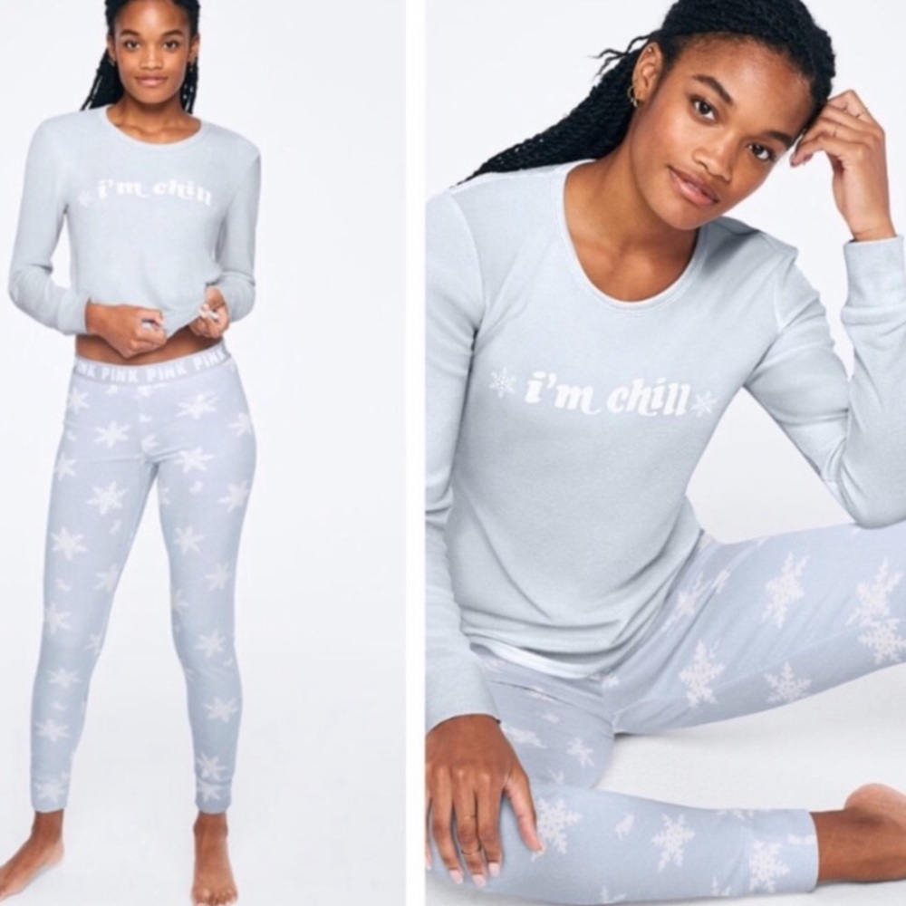 PINK by Victoria’s Secret I’m Chill Pajama Set Christmas Holiday Snowflakes M/L